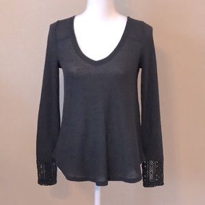 LUCKY BRAND Black Waffle Long Sleeve Top with Lace Size XS